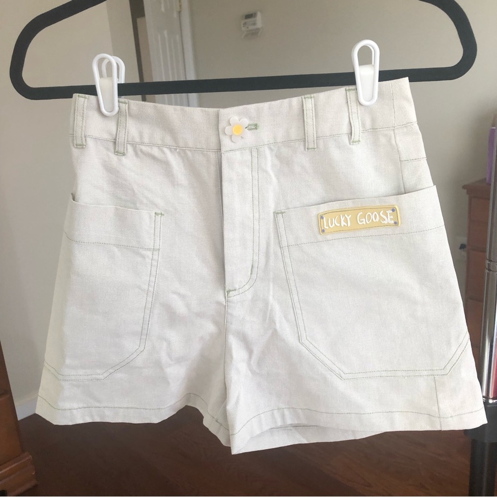 Kawaii Contrast Stitch Cream Carpenter Wide Leg Shorts